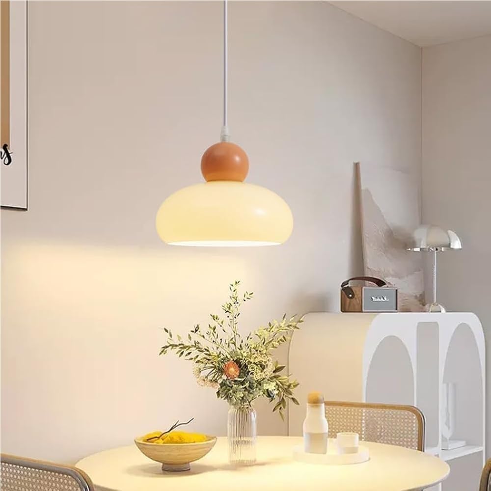 51q89sA0zwL._AC_SL1000_.jpg Cream Glass Pendant Light Small Mushroom Shade Bedside Ceiling Hanging Lamp with E27 Base Vintage Industrial Iron Chandelier for Dining Room Table Bedroom Kitchen Island - Image 4