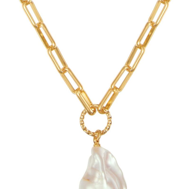 Natural Baroque Pears Pendant Necklace Gold Chain Necklace with Pearl Charm Pearls Satellite Choker Necklace 18K Gold Plated Paperclip Link Chain Necklaces for Women Jewelry
