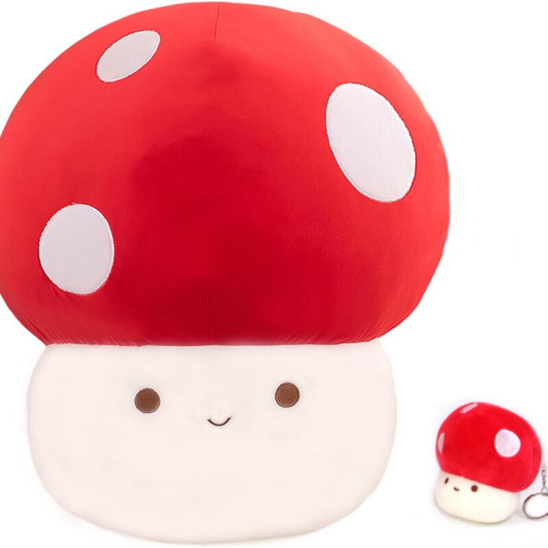 Cute Mushroom Plush Pillow with Mushroom Keychain Set, Kawaii Mushroom Plushie Stuffed Animal Pillow, Suitable for Home Decoration, Gifts for Boys and Girls (Red, 23.6 inch)