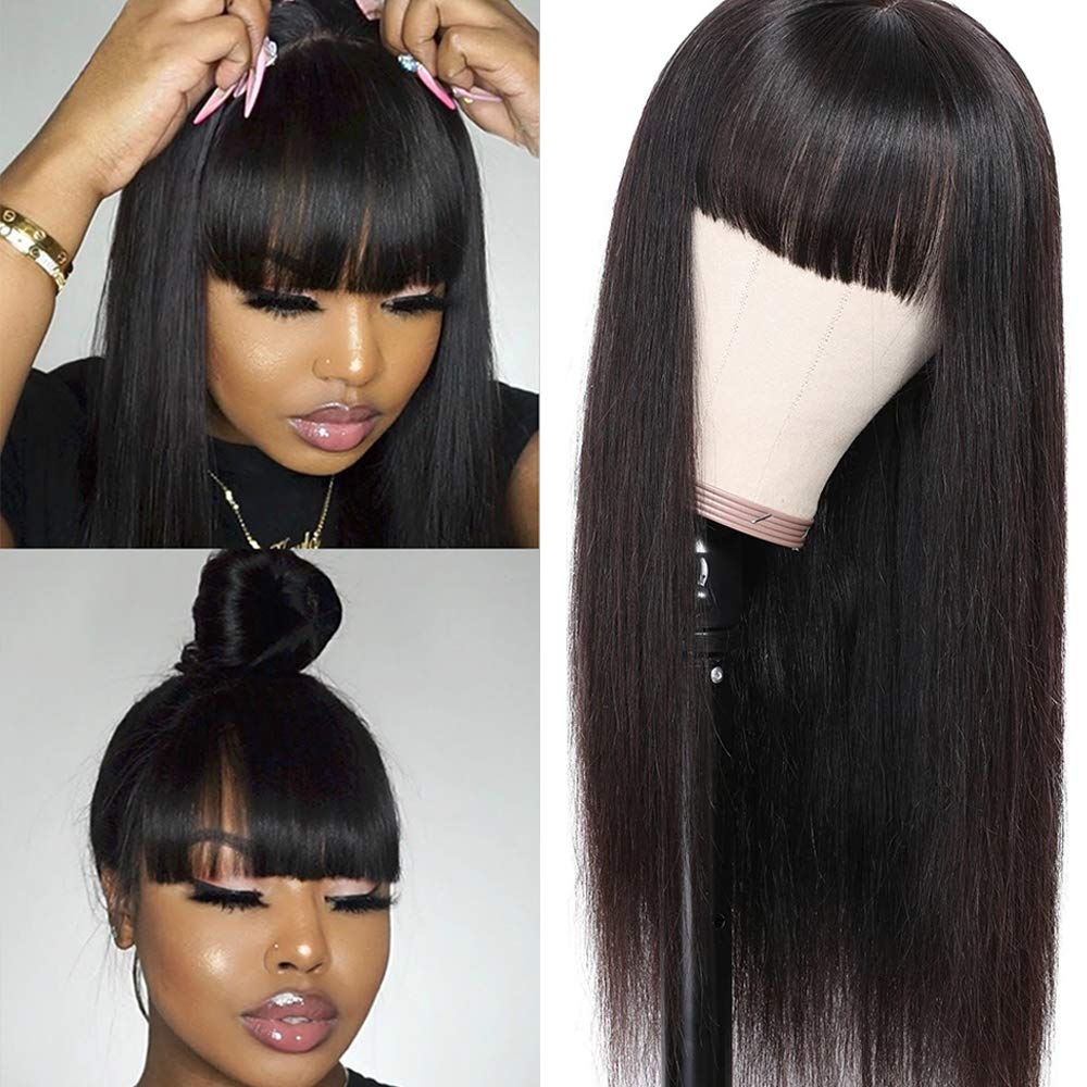 614e-VOetPL._SL1000_.jpg Lzlefho Straight Wigs Human Hair with Bangs 180% Density Brazilian Virgin Human Hair Wigs Glueless Bangs Wigs for Women None Lace Front Wigs Human Hair Natural Black (18inch)