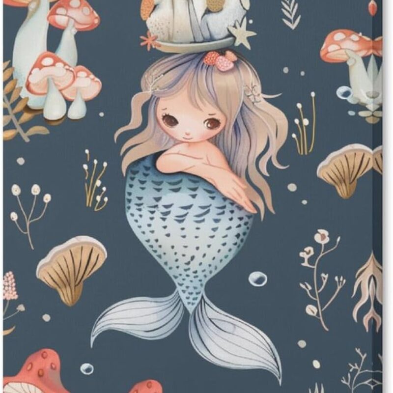 AuHomea Cute Little Mermaid with Mushrooms Marine Life Wall Art Framed Canvas Paintings Modern Wall Art 20x30inch(50x75cm) for Living Room Bathroom Decor
