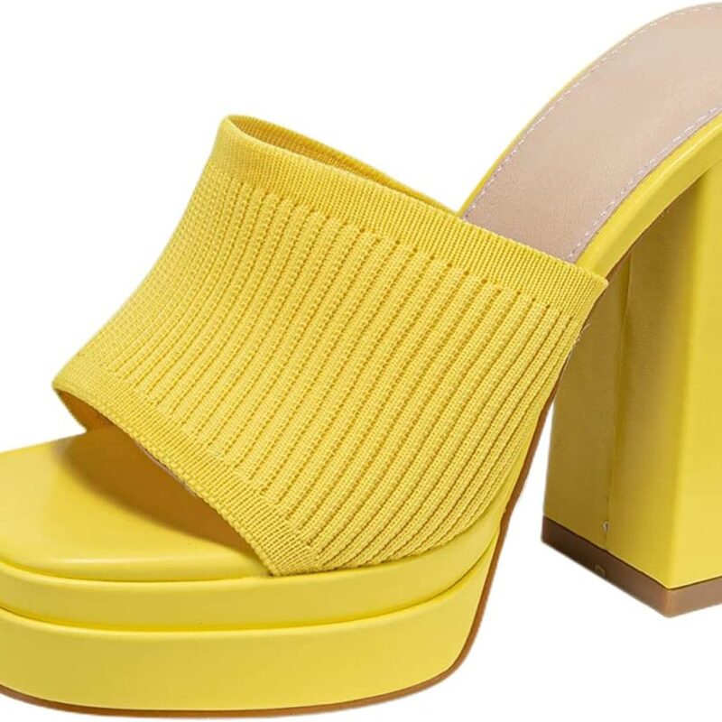 Women's Stretch Knitted Platform Chunky Heels Sexy Sandals Fashion Square Open Toe Block High Heeled Slip-On Y2K Slippers Summer Comfortable Slip On Party Dress Pump Mules Shoes