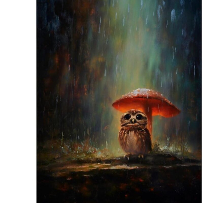 Reccmeny Owl Sitting Under Red Mushroom Cap Canvas Wall Art Poster Picture for Living Room 24x36inch(60x90cm) Frame