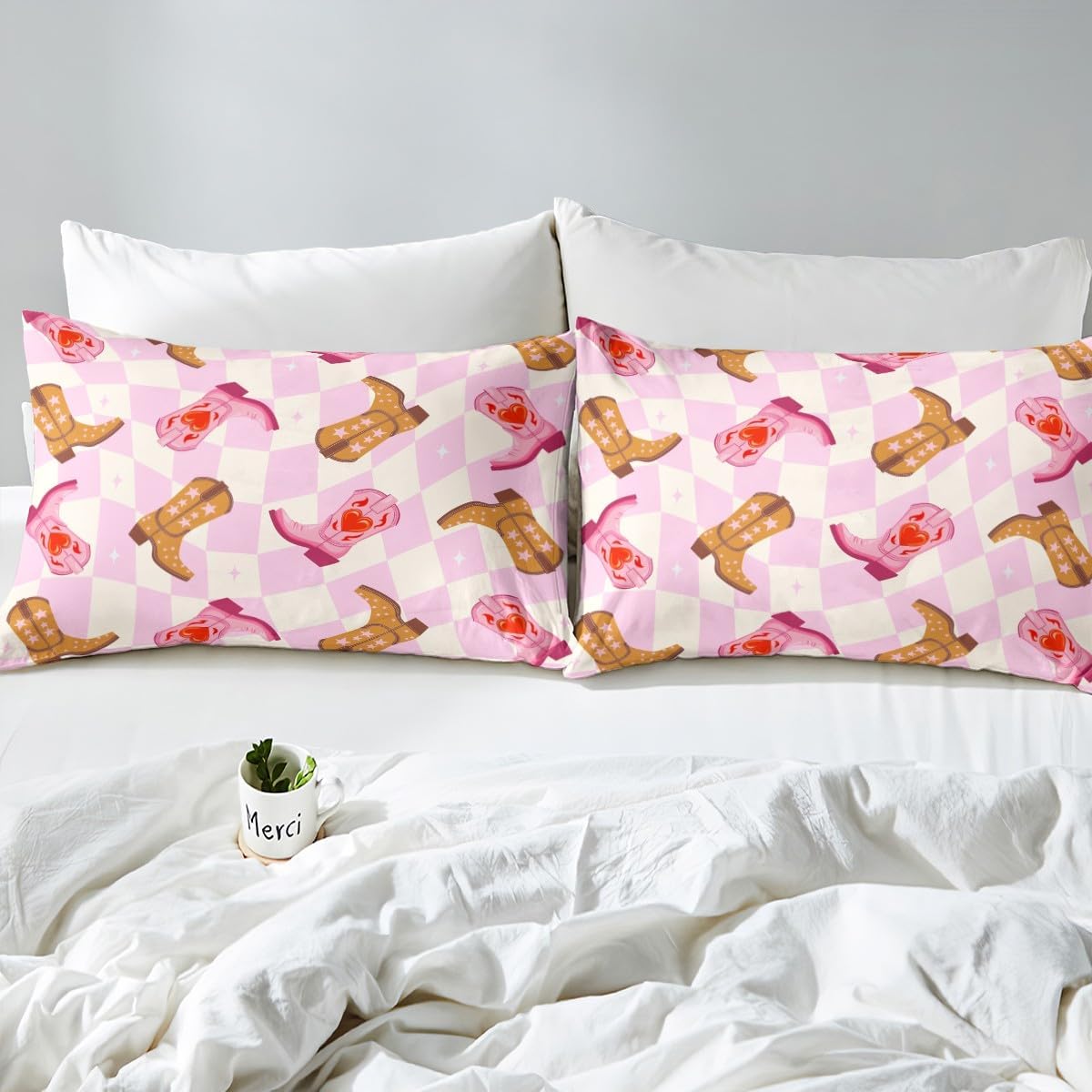 617UPbRMBVL._AC_SL1200_.jpg Manfei Cowgirl Boots Bedding Set for Girls Boys Southwest Cowboys Fitted Sheet Pink Grid Checker Geometry Bed Cover Room Decor Pink Beige Brown Sheet Set with 2 Pillowcase,No Top Flat,Queen - Image 4
