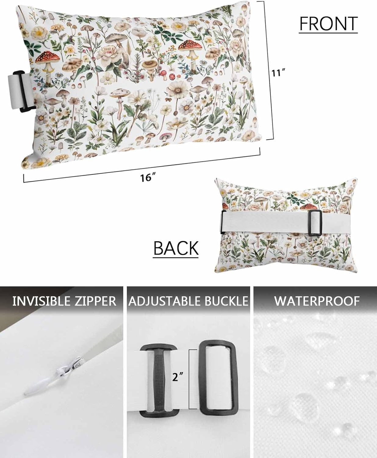 6186ZjxHoL._AC_SL1500_.jpg Outdoor Pillow for Chaise Lounge Chair Retro Watercolor Mushroom Plants Pattern Outdoor Pillows Waterproof with Adjustable Strap Headrest Lumbar Pillows for Garden Patio Furniture 2 Pack 11" x 16" - Image 2