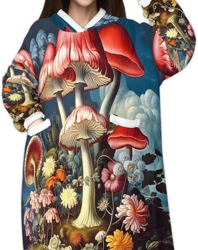 Mushroom Forest Wearable Blanket Hoodie for Women Men Adults, Oversized Hoodie Blanket Flower Mushroom Warm Cozy Soft Fleece Hooded Blanket Sweatshirt with Pockets