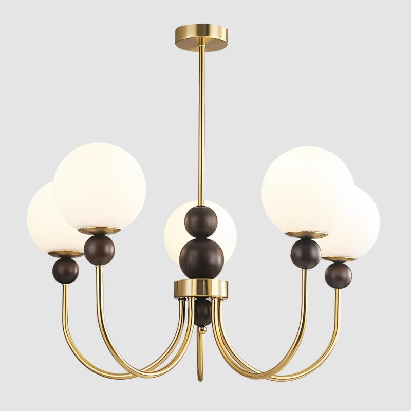 BOKT Modern Glass Chandelier Vintage Globe Pendant Light Gold Wooden 5-Light Semi Flush Mount Ceiling Light Fixture Kitchen Island Sputnik Chandeliers for Living Room Dining Room Restaurant
