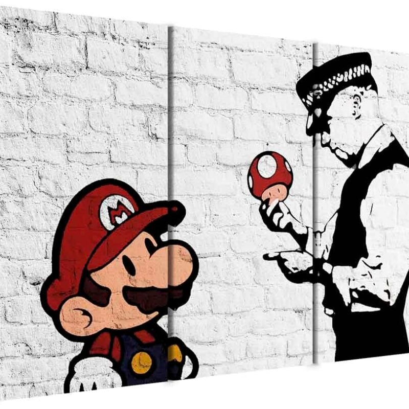 artgeist Canvas Wall Art Print Banksy Super Mario Mushroom Cop 47x31 in - 3pcs Home Decor Framed Stretched Picture Photo Painting Artwork Street Art Graffiti Faux Bricks i-C-0098-b-e