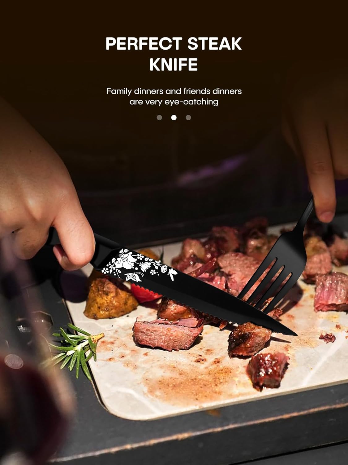 61DYypLKpyL._AC_SL1500_.jpg Stapava 48 Pcs Black Silverware Set with Steak Knives, Gorgeous Retro Royal Silverware Set for 8, Stainless Steel Mirror Flatware Cutlery Set, Include Forks Spoons and Knives set, Dishwasher Safe - Image 3