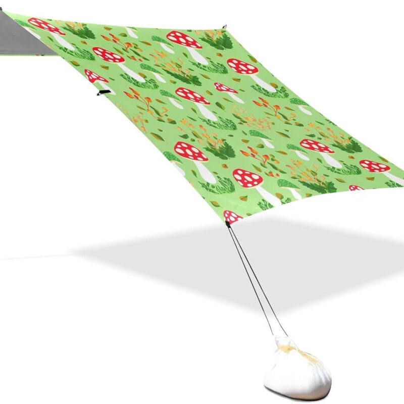 Mushroom Leaves Green Beach Tent Sun Shelter UPF 50+ Protection Beach Canopy with Sandbags Pegs for Grass Portable Outdoor Beach Shade for Outdoor Camping Beach Fishing Backyard