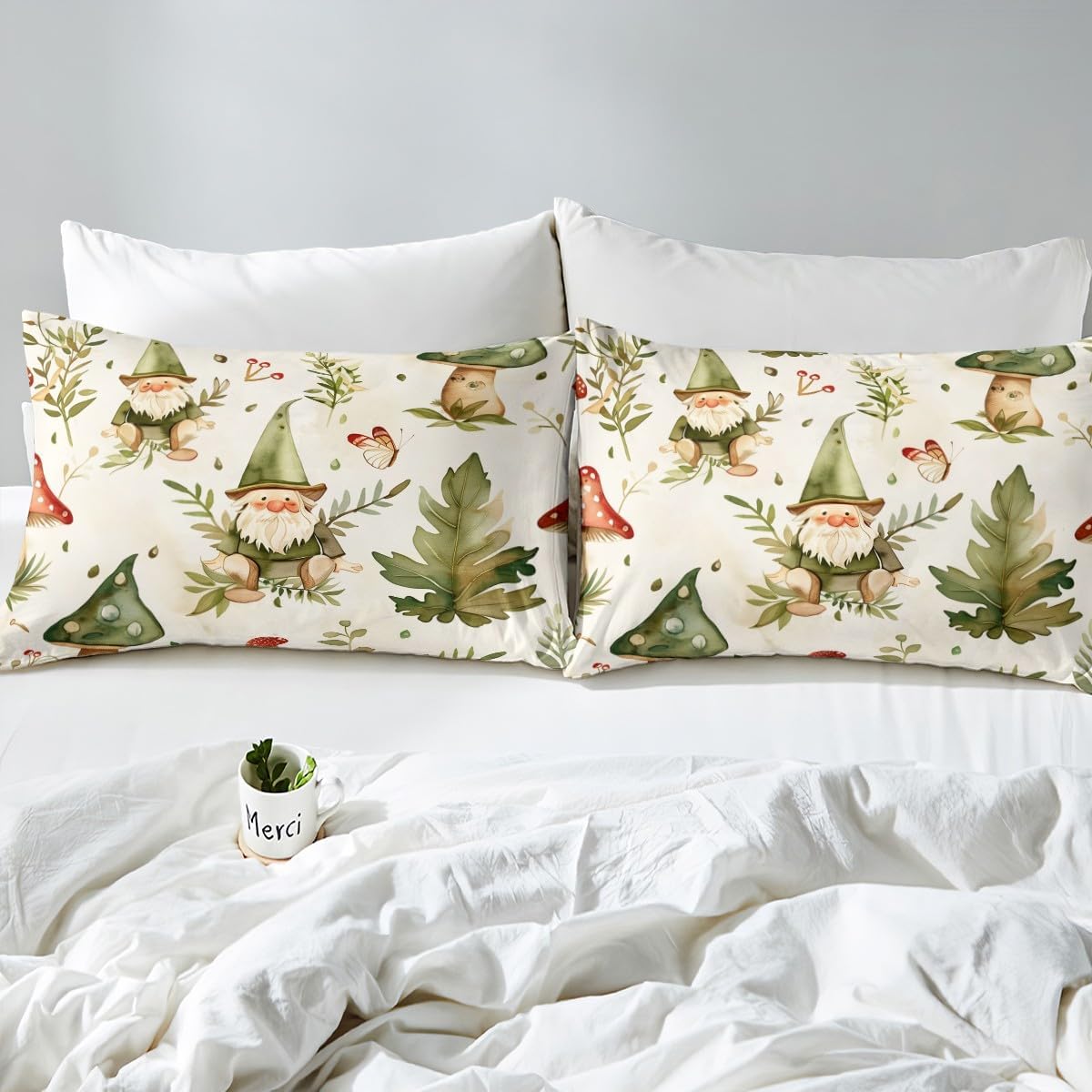 61GC8d0RYtL._AC_SL1200_.jpg Erosebridal Kawaii Gnomes Bed Sheets Set Queen,Mushroom Wild Plants Bedding Set for Kids Boys Girls,Spring Gnomes Top Sheet,Botanical Leaves Butterfly Green Sheet Set 4 Pcs with 2 Pillow Cases - Image 5