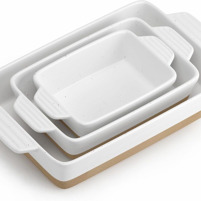 Ceramic Baking Dish, Casserole Dishes for Oven, Extra Deep Lasagna Pans with Handles, Rectangular Bakeware Set of 3 from Oven to Table, Easy to Clean, 14.7 x 8.7 x 3 Inches, White