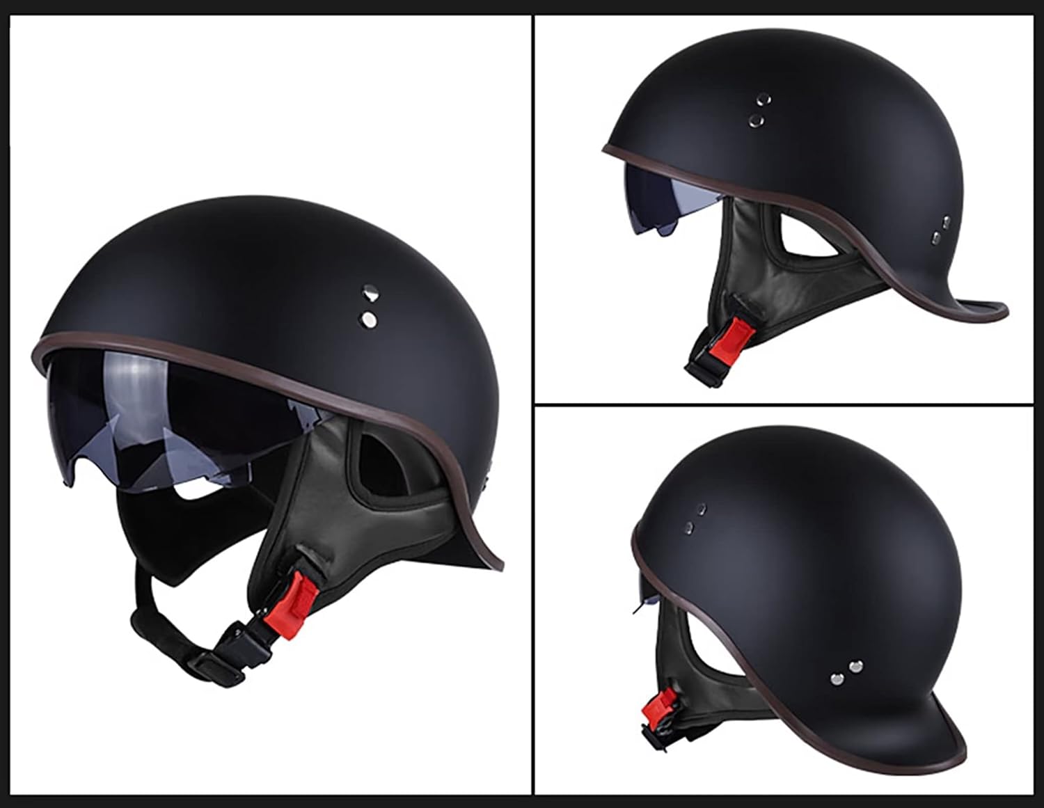 61MMYkBF2bL._AC_SL1500_.jpg Motorcycle Retro Half Helmet DOT Approved Adult Men Women Vintage German Style Half Face Skull Cap Helmets for Scooter Moped Cruiser Chopper ATV Motorbike Baseball Cap with Visor Goggles - Image 2
