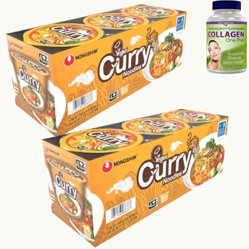 Vegan Curry Noodles, 6 Pack Bowl Set, 450 Calories per Serving, Plant-Based Ramen Budle with Collagen 30 ct.