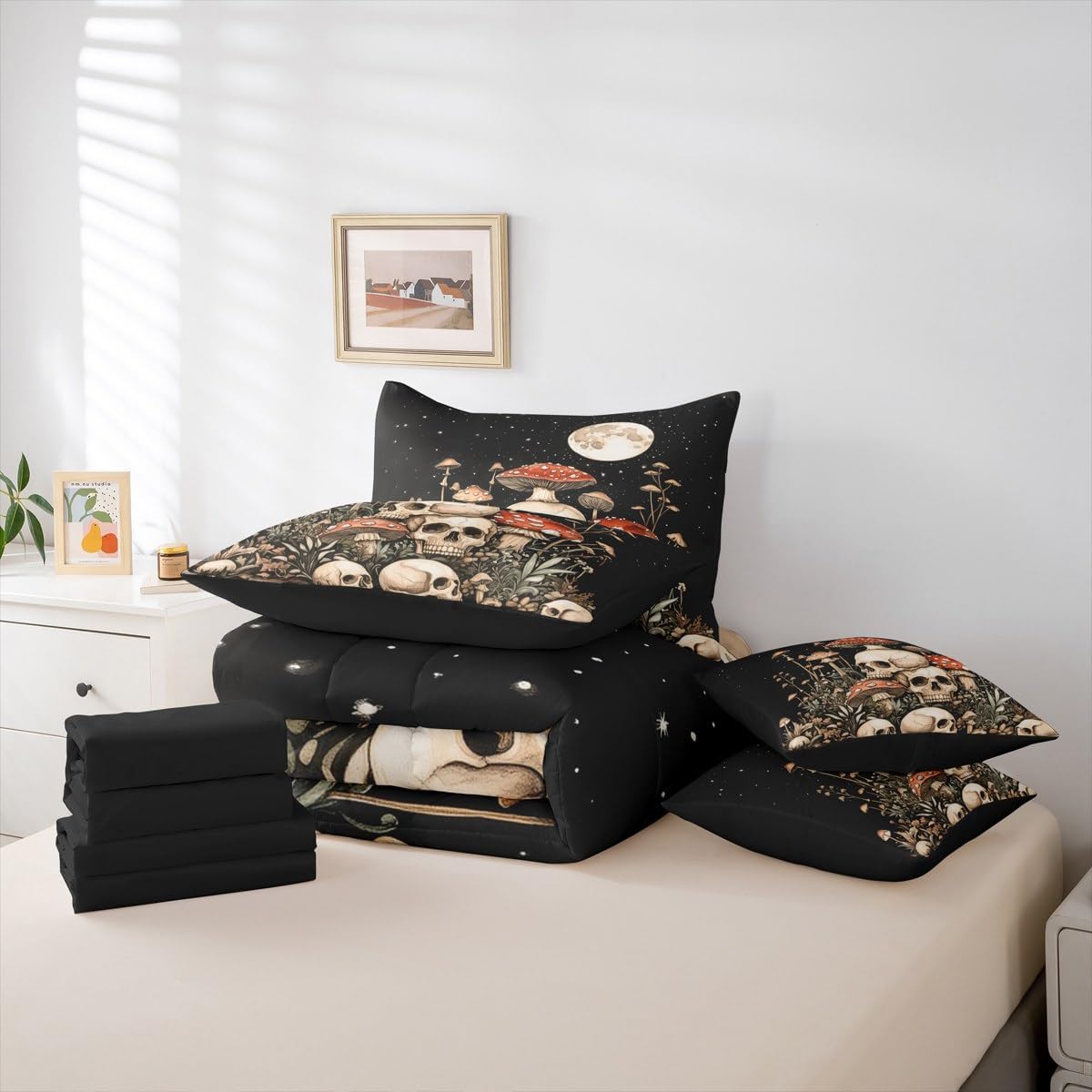 61OtUbJ4vsL._AC_SL1200_.jpg Feelyou Mushroom Gothic Sugar Skull Comforter Set with Sheets 7 Piece Full Size Skeleton Bones Floral Bed in a Bag Kids Boys Girls Halloween Theme Bedding Set Bedroom Decor Breathable Soft Microfiber - Image 5