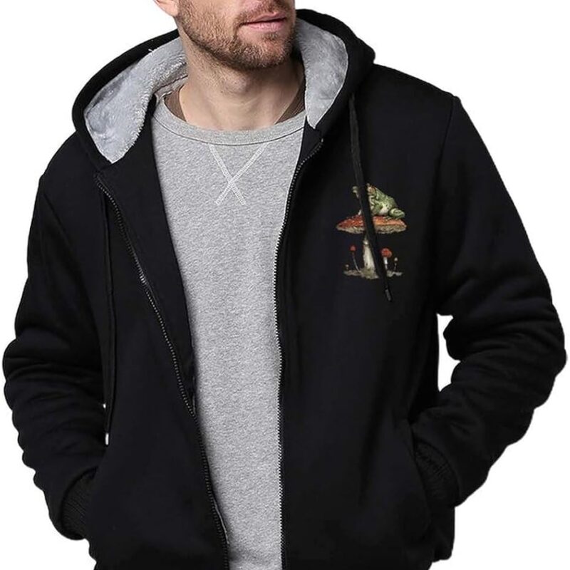 Frog Mushroom Men's Zip Up Hoodie Jacket Fleece Jacket Winter Hooded Sweatshirt Warm Coat with Pockets