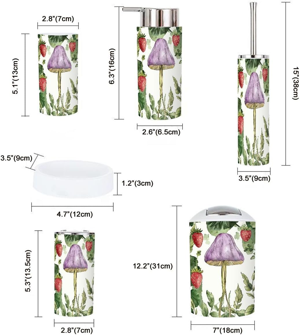 61aNcr0hL._AC_SL1200_.jpg Bathroom Accessories Set 6 Pcs Watercolor Mushroom Strawberry Seamless Purple Mushroom Wild Toothbrush Holder Cup Soap Dispenser Soap Dish Toilet Brush Holder Trash can for Countertop Decor - Image 5