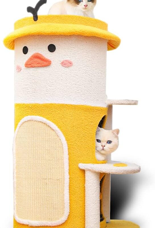 3-Tier One-Piece Design Adorable Yellow Duck Multi-Functional Cat Tree and House, Up to 75kg Weight Capacity - Easy Assembly Cat Castle for Japanese Kawaii Style Lovers