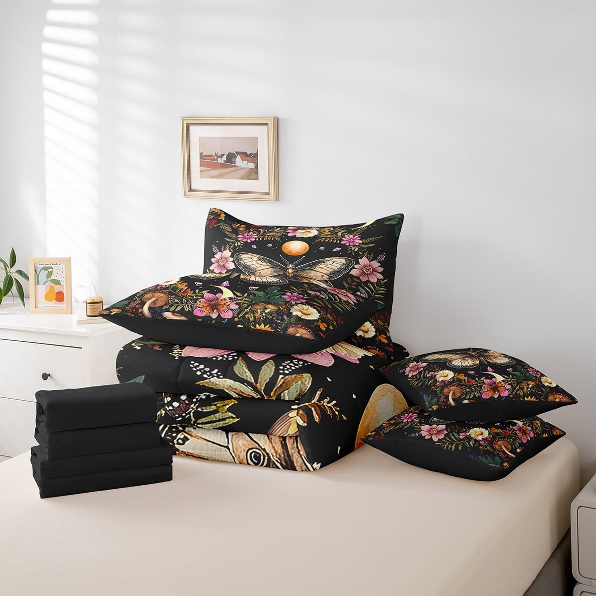 61cnS7j6pTL._AC_SL1200_.jpg Feelyou Death Moth Comforter Set 7 Pieces King Size Kids, Bohemian Sun and Moon Bedding Set Boys Girls, Mushrooms Bed in a Bag,Comforter + Sheets + Pillowcases + Cushion Covers - Image 6