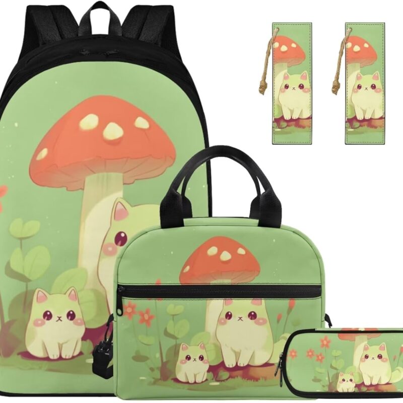 Cute Cats Backpack Set with Lunch Bag Pencil Case Bookmarks Mushroom Hat Backpack for Kids Lightweight Bookbag for Girls Elementary Middle School Student Schoolbag Set