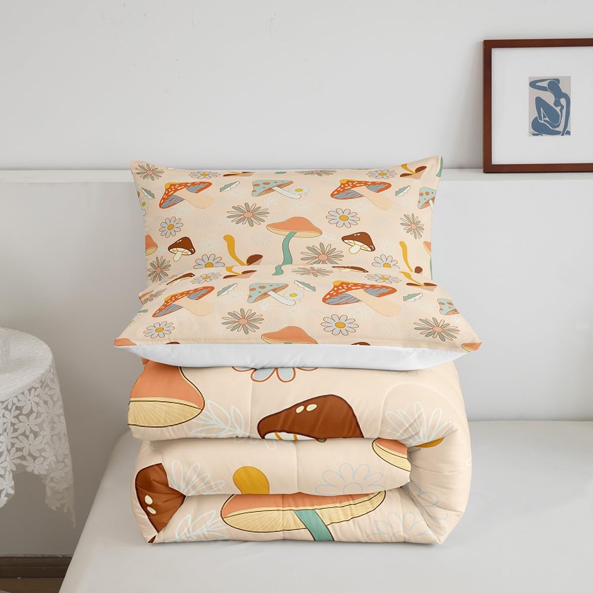 61estVdB6lL._AC_SL1200_.jpg Castle Fairy 60s 70s Retro Mushroom Twin Size Comforter Set,Groovy Flowers Floral Duvet Set with 1 Pillowcase for Kids BoysBoho Art Soft Microfiber Bedding Comforters - Image 6