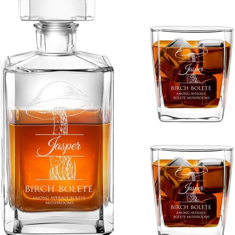Maverton Whiskey Set with 2 Glasses for man - Personalized Tumblers - 23 fl oz. Universal Carafe - For Birthday - For him - Stylish Barware for gentleman - Mushroom