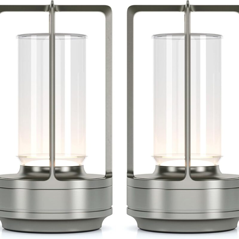 Portable Metal Table Lamp for Indoor/Outdoor ,Rechargeable Cordless LED Lamp, 3-Colour Infinitely Dimming Battery Powered Small Desk Lamp, Restaurant/Bedroom/Bar/Coffee/Camping Light (Sliver Set of 2)
