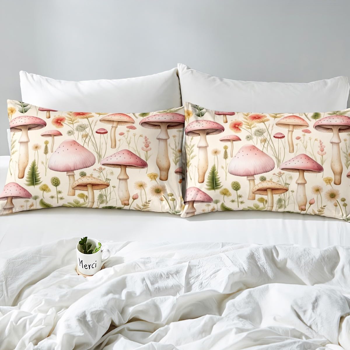 61mRHEwS9mL._AC_SL1200_.jpg Erosebridal Wild Fungus Bed Set for Kids Boys Girls Pink Mushroom Queen Sheets,Green Leaves Bed Sheets Set Tropical Botanical Top Sheet Spring Theme Flat Sheet,Soft 4 Piece - Image 5