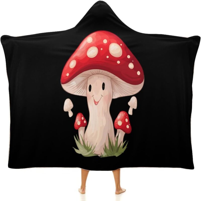 Cute Red Mushroom Wearable Blanket Hoodie Comfy Fleece Throw Cape Hooded Cloak Wrap for Women Adults