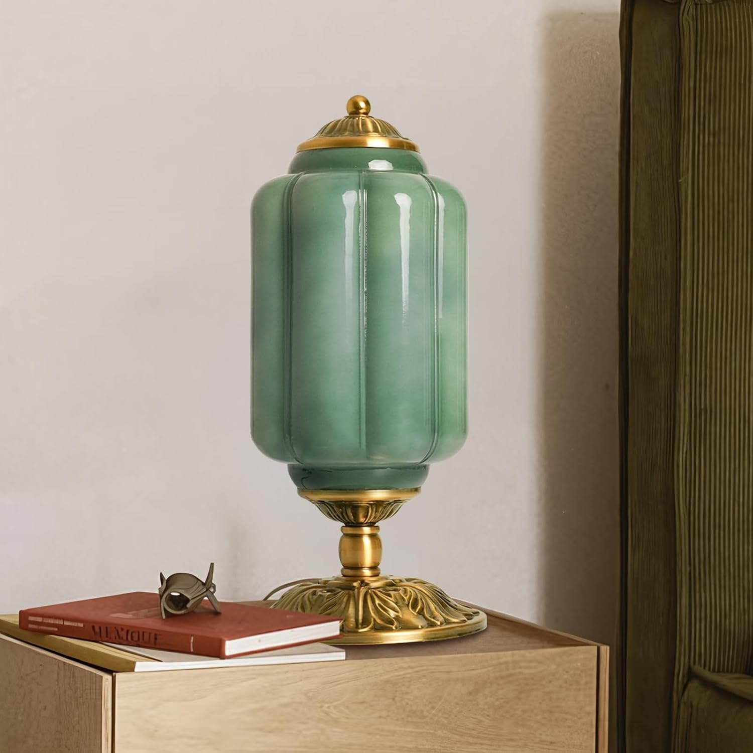 61qrhF9OdVL._AC_SL1500_.jpg Milk Glass Table Lamp - Modern Farmhouse Design with Antique Brass Finish Base, Green Desk Light for Living Room & Bedroom Decor (Green 15") - Image 7