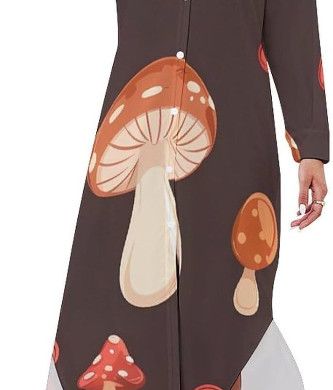 Red Mushrooms Pattern Women's Maxi Dress Button Down Casual Shirt Dresses Long Sleeve