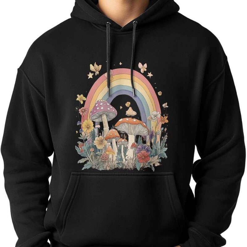 Hoodie for Men, Retro Rustic Mushroom Rainbow Mens Hoodies Pullover Sweatshirts Mens Tops with Pocket, Black