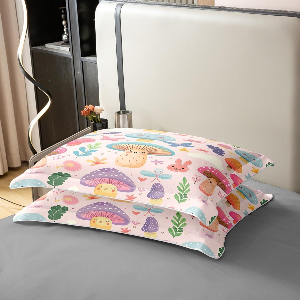 61rhW7XDOtL._AC_SL1200_.jpg Funny Mushroom 100% Organic Cotton Bedding Set Twin Size Hippie Botanical Duvet Cover Cartoon Mushrooms Comforter Cover Butterfly Flower Bedspread Cover with 1 Pillowcase(No Comforter) - Image 5