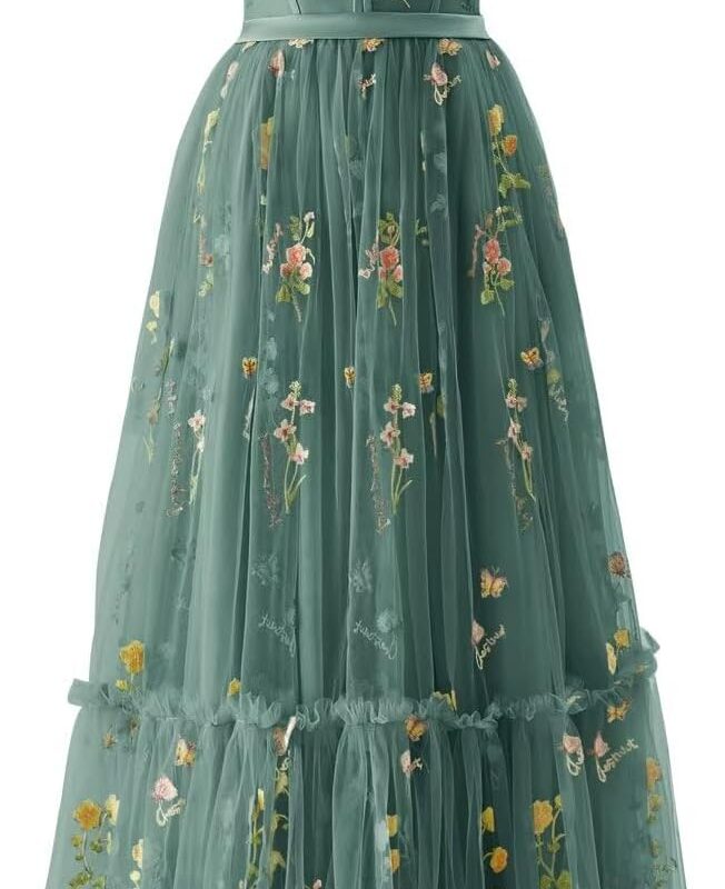 Basgute Women's Flower Embroidery Tulle Prom Dresses Tea Length Corset A Line Fairy Formal Evening Party Gown
