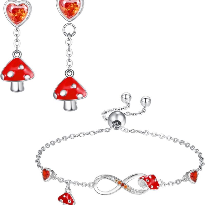 Dreamboat Cute Mushroom earring and Bracelet for Women Sterling Silver Adjustable Funny Good Lucky Mushroom Jewelry