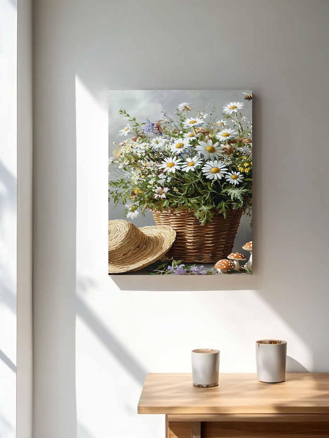 61xdvq66EEL._AC_SL1500_.jpg Country Farm Daisy Flowers Canvas Wall Art Prints,Picture Wall Decor Paintings Retro Mushroom Bee Floral On Gray Framed Artwork for Living Room Bedroom Bathroom Office 48"x36",Ready to Hang - Image 9