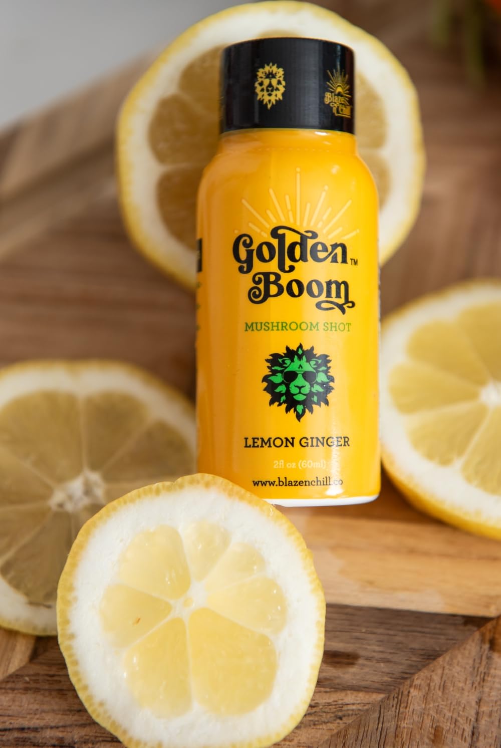 61zp-JYJtGL._SL1492_.jpg Blaze N Chill Golden Boom Mushroom Shot – Focus & Endurance Drink with Lion's Mane, Cordyceps, B-12 & Ginseng – Natural Mushrooms - Lemon Ginger (2fl oz, 6 pack) - Image 5
