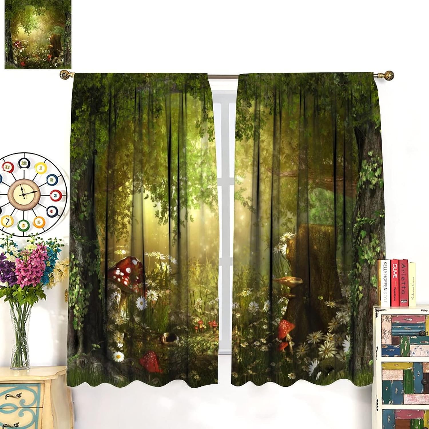 71bxDzE-qL._AC_SL1500_.jpg Dream Forest Curtains Beautiful and Charming Fairy Tale Lush Forest Land Mushroom Stumps Flowers Suitable for Kitchen Blackout Window Drapes Decoration 2 Panels Green 63x72in - Image 3