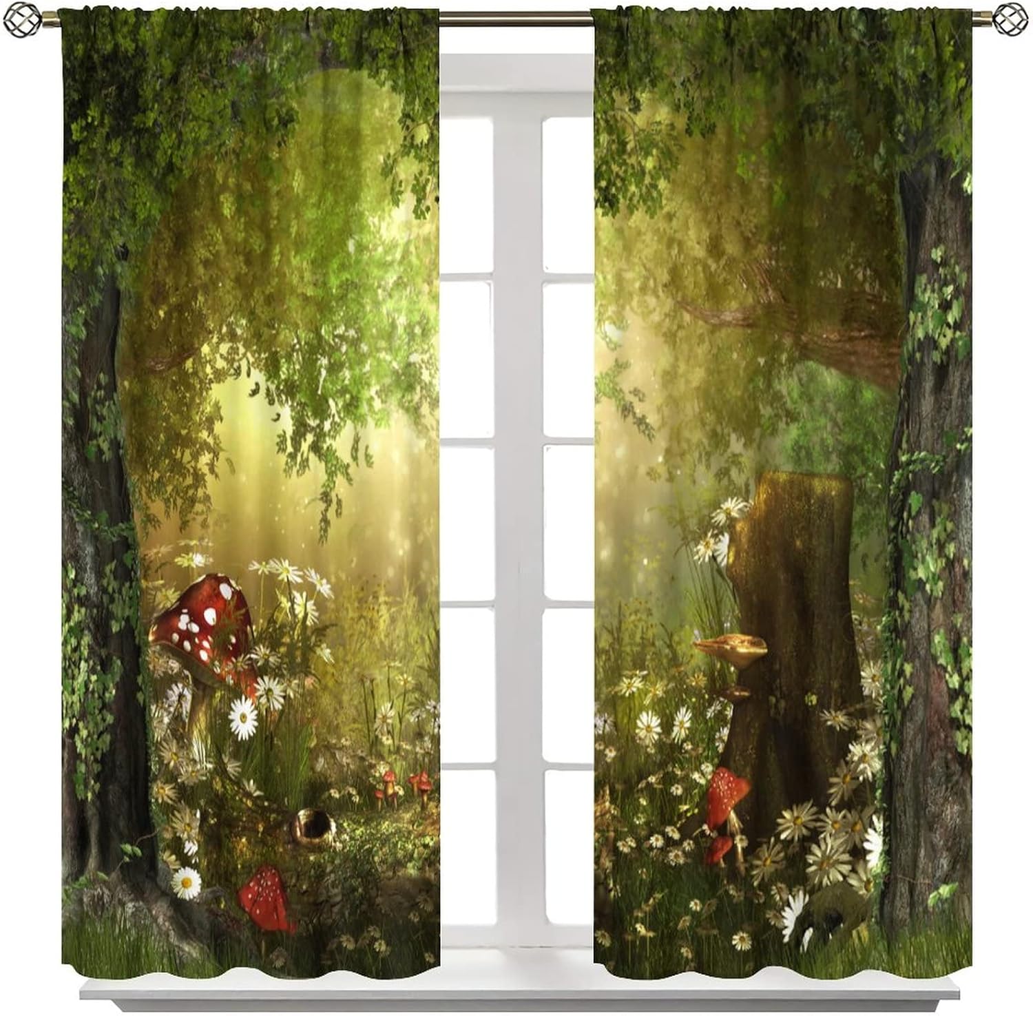71-DevFiFJL._AC_SL1500_.jpg Dream Forest Curtains Beautiful and Charming Fairy Tale Lush Forest Land Mushroom Stumps Flowers Suitable for Kitchen Blackout Window Drapes Decoration 2 Panels Green 63x72in - Image 8