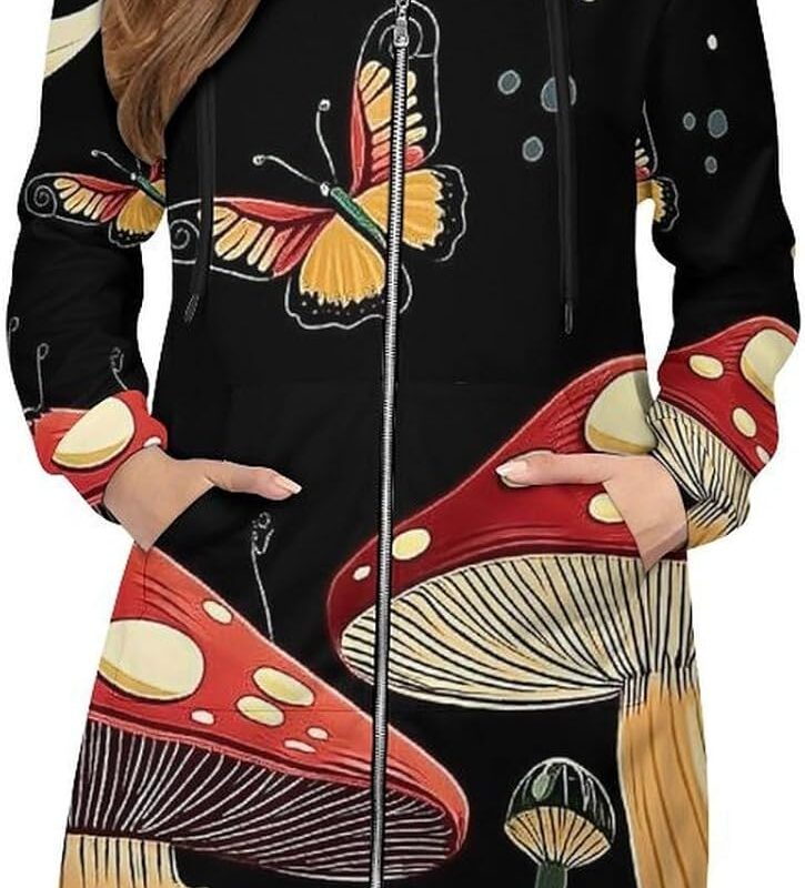 Mushroom Print Knee Length Hoodies for Women Cute Cartoon 3D Print Hoodies Black Casual Fall Sweatshirt