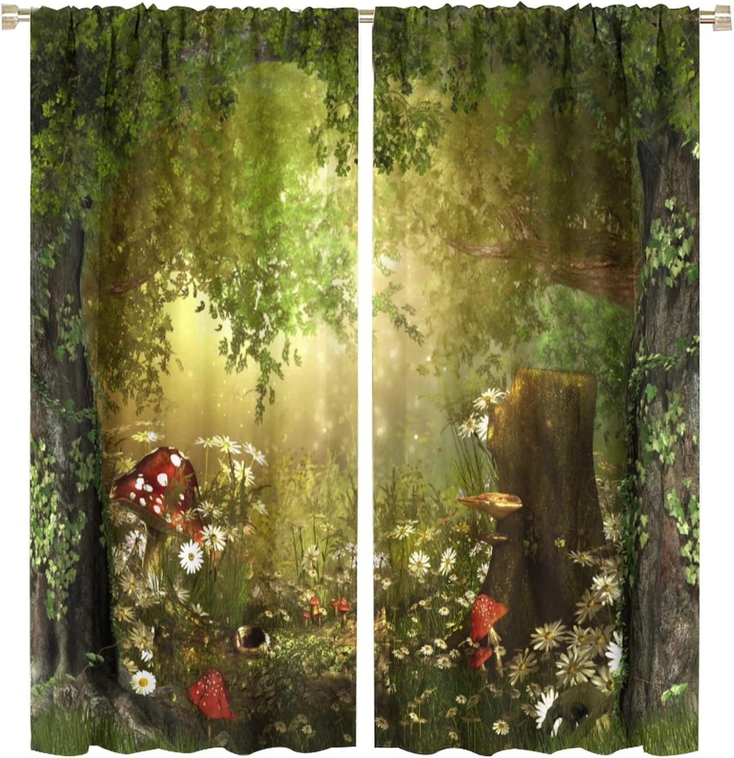 7105tD3vgiL._AC_SL1500_.jpg Dream Forest Curtains Beautiful and Charming Fairy Tale Lush Forest Land Mushroom Stumps Flowers Suitable for Kitchen Blackout Window Drapes Decoration 2 Panels Green 63x72in