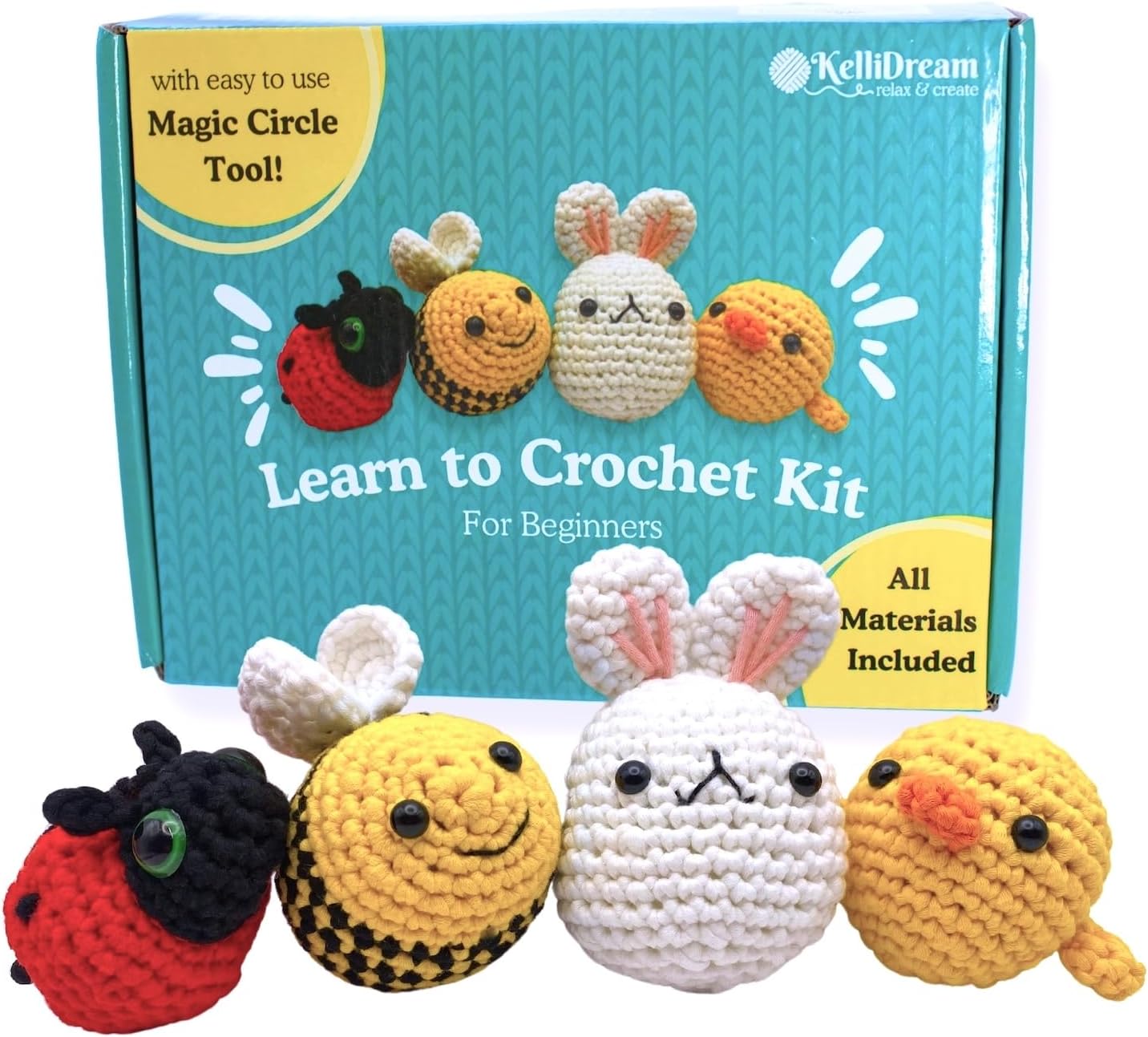 711Hs5q2BL._AC_SL1500_.jpg KelliDream Crochet Kit for Beginners w Magic Circle Tool; Learn to Crochet w Step-by-Step Video Tutorials; Crochet Supplies to Make Cute Crochet Animals (Bee Ladybug Bunny Chick)