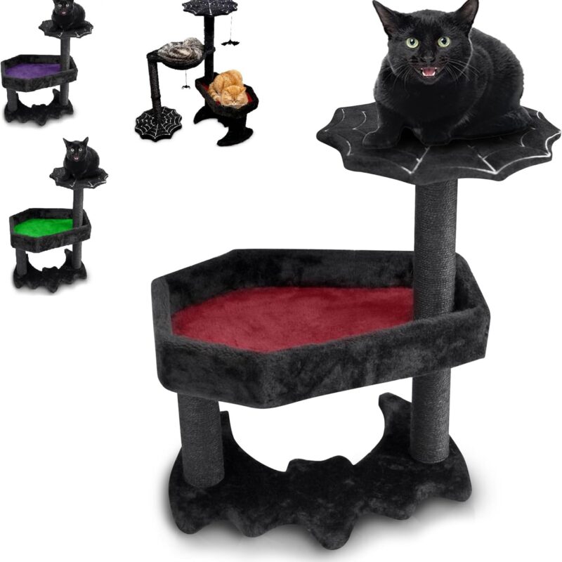 Gothic Cat Tree with Coffin Cat Bed, Gothic Cat Tower, Coffin cat Tree with Sisal Scratching Posts for Halloween cat, Small Size, Black with Red Littlesy