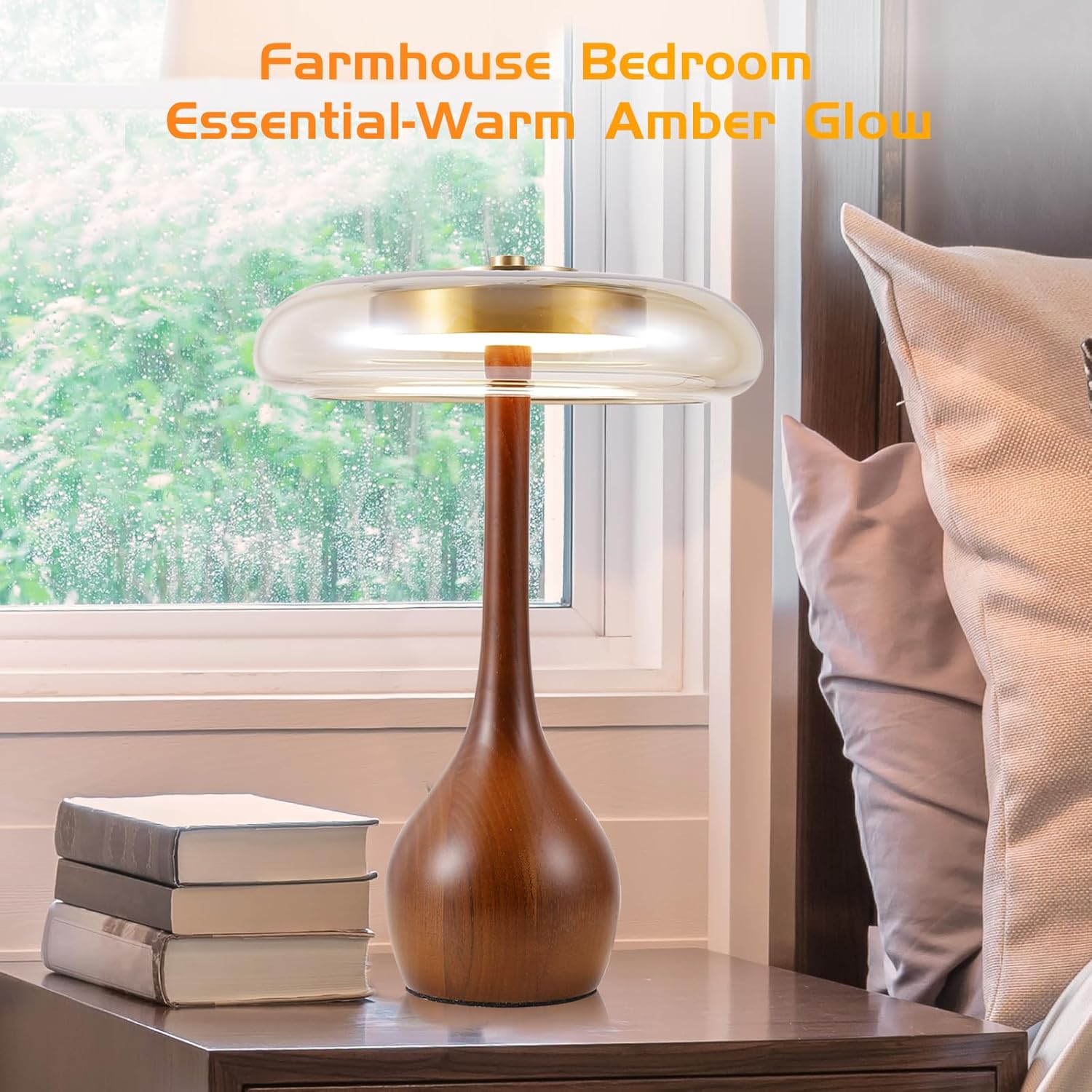 712dg9LVUTL._AC_SL1500_.jpg Small Table Lamp for Bedroom-Wooden Base Teardrop Mushroom Table Lamps,Amber Glass Shade,LED Three Color Temperature Adjustable Brightness Modern LED Side Table and Desk Lighting(H 12.4 in) - Image 6
