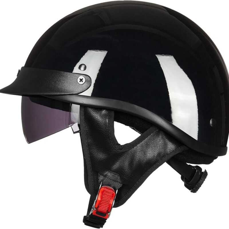 ILM Half Helmet Motorcycle Open Face Sun Visor Quick Release Buckle DOT Approved Cycling Motocross Suits Men Women Model-205V (XL, Gloss Black)