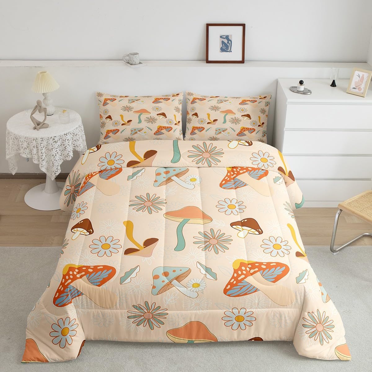 7140gAjrtsL._AC_SL1200_.jpg Castle Fairy 60s 70s Retro Mushroom Twin Size Comforter Set,Groovy Flowers Floral Duvet Set with 1 Pillowcase for Kids BoysBoho Art Soft Microfiber Bedding Comforters - Image 2