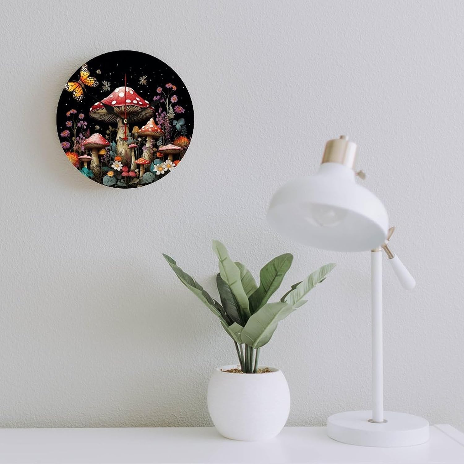 714GLDRzIXL._AC_SL1500_.jpg Decorative Round Wooden Wall Clock Mushrooms and Butterflies on Black Background Modern Frameless No Scale Clock Non Ticking Clock Time Clocks for Home Bedroom Office Living Room 23.6 Inches - Image 6
