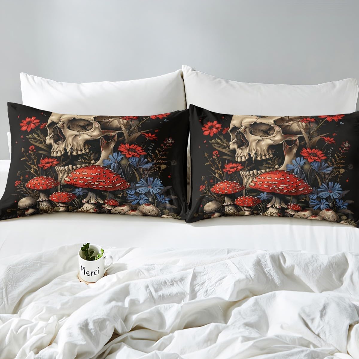 714L3ucM4IL._AC_SL1200_.jpg Gothic Mushroom Fitted Sheet Sugar Skull Sheets,Goth Skeleton Bed Sheets Queen,Halloween Bone Bedding Set Exotic Boho Floral Room Decor - Image 4