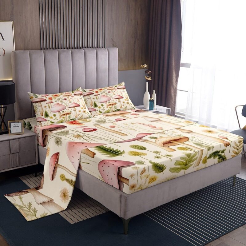 Erosebridal Wild Fungus Bed Set for Kids Boys Girls Pink Mushroom Queen Sheets,Green Leaves Bed Sheets Set Tropical Botanical Top Sheet Spring Theme Flat Sheet,Soft 4 Piece