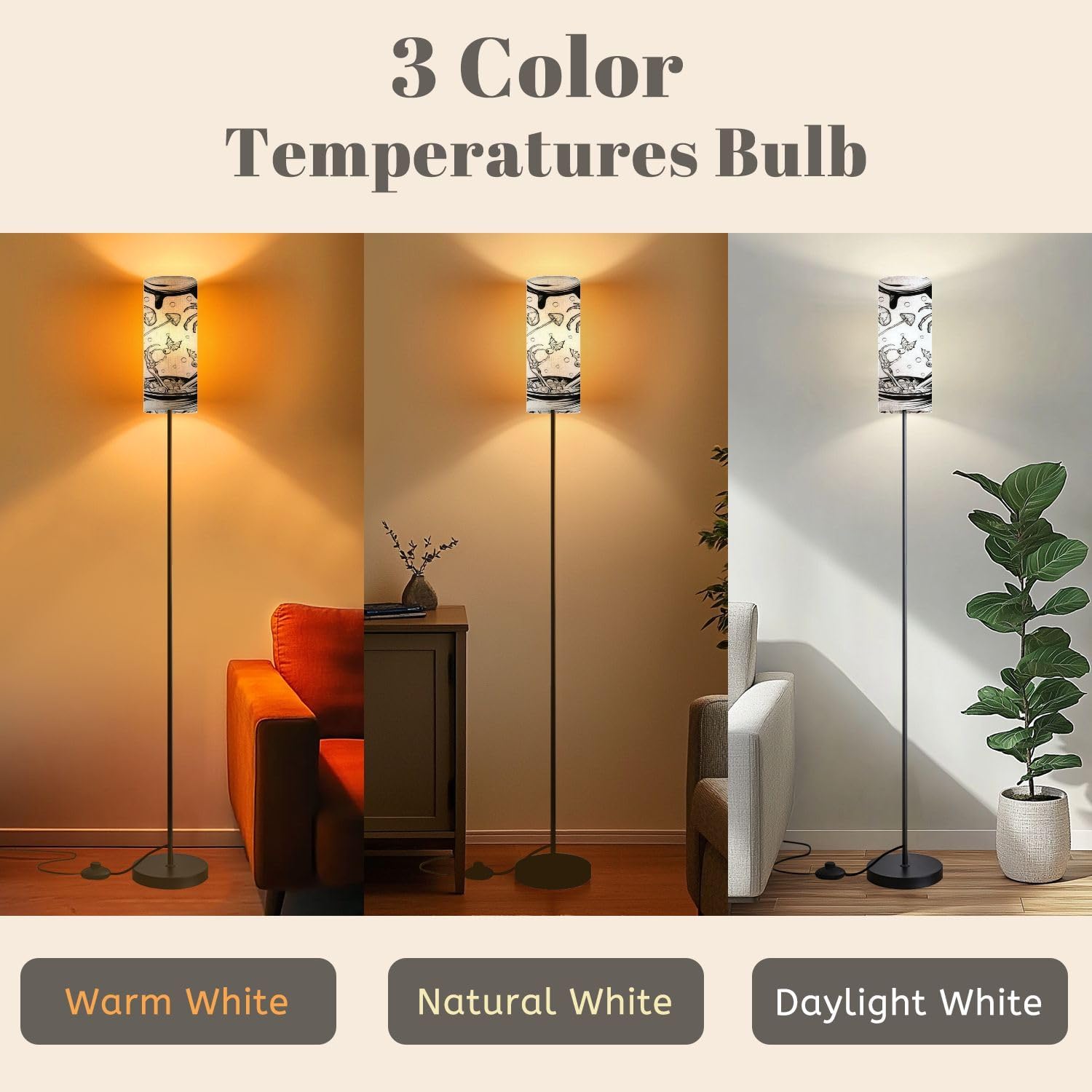 715CH5oTaL._AC_SL1500_.jpg Modern Floor Lamps for Living Room Halloween Witchs Skull leaves mushrooms prints T shirts white tattoos Standing Lamps with Linen Lampshade Tall Lamp Metal Pole Lamp for Bedroom Office Reading - Image 4